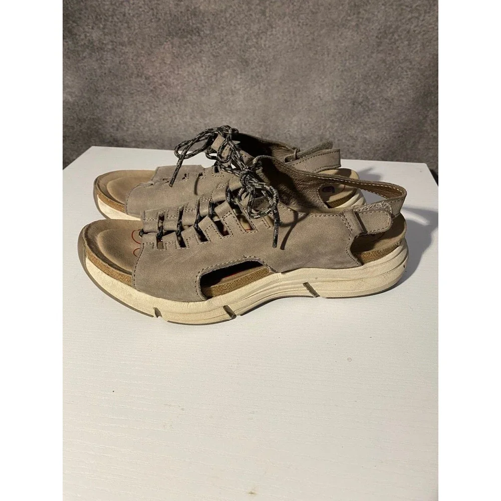 Bionica Women's 8M Grey Leather Bungee Lace Up Cage Sandals Comfort